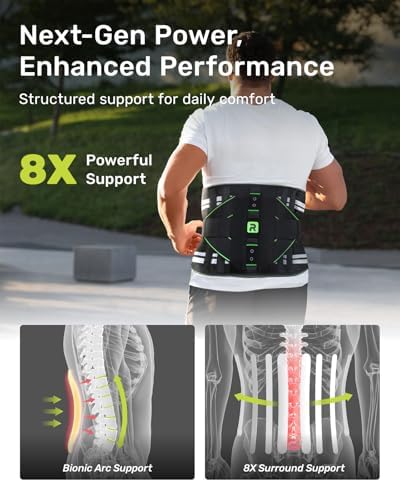 Rakiie Back Brace for Lower Back Pain Relief for Women Men, Elastic Back Support Belt with 8 Stays for Lfting at Work, Breathable Soft Lumbar Support with Removable 3D Compression Pad, Green Size XXL
