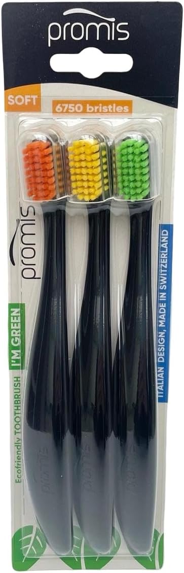 PROMIS Toothbrush 3-Pack Refill | Ecofriendly Soft Toothbrush | Renewable Bioplastic | 6750 Soft Bristles | Swiss Made Italian Design (Black)