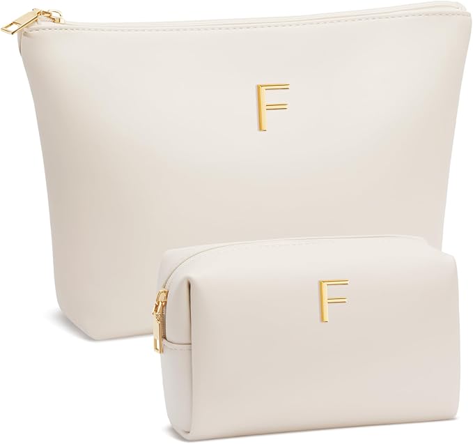 Valentine's Day Gifts for Women Girlfriend Initial Makeup Bag for Teen Girls Personalized Gifts for Friend Teacher Mom Wife Cosmetic Travel Toiletry Bag(Beige,F)