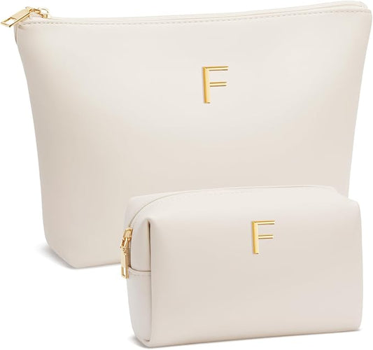 Valentine's Day Gifts for Women Girlfriend Initial Makeup Bag for Teen Girls Personalized Gifts for Friend Teacher Mom Wife Cosmetic Travel Toiletry Bag(Beige,F)