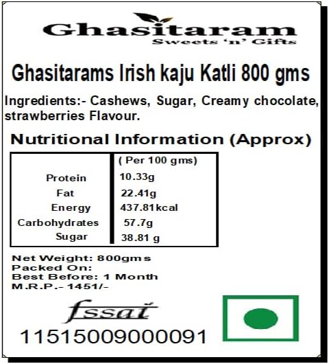 Ghasitaram Gifts Diwali Gifts Diwali Sweets - Irish kaju Katli 800 GMS