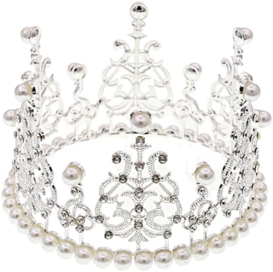 Women Girls Retro Man-made Pearl Crown Bride Tiara Cake Topper Decoration for Wedding Birthday Party Decoration Party Decorations Silver