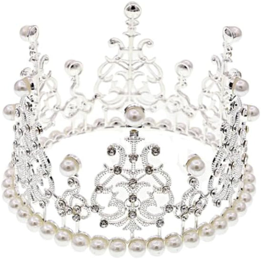 Women Girls Retro Man-made Pearl Crown Bride Tiara Cake Topper Decoration for Wedding Birthday Party Decoration Party Decorations Silver