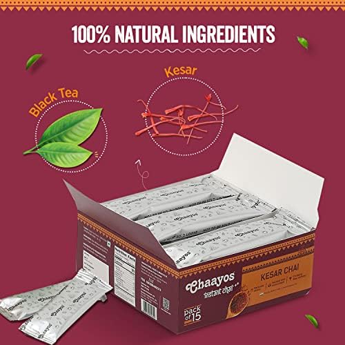 Chaayos Instant Saffron Tea Premix - Kesar Chai Tea Latte Mix | 100% Natural Saffron | Saffron Chai Tea | Instant Powdered Mix | Chai Tea Powder | Instant Tea Premix | Masala Saffron Chai Tea | Contains Regular Sugar - 15 Sachets