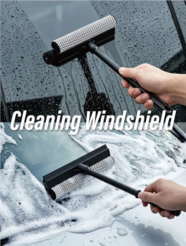 2 in1 Window Squeegee for Car, Window Cleaning Tool with 16inch Long Handle,Sponge Car Window Squeegee for Gas Station, Glass,Shower,Outdoor High Window Cleaning