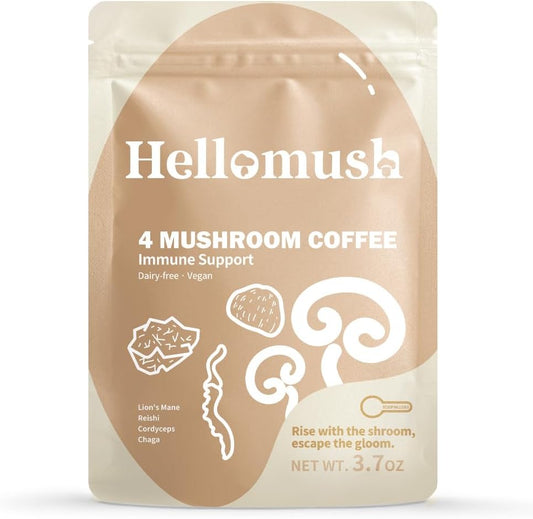 Hellomush Organic Instant Mushroom Coffee with Lions Mane, Reishi, Chaga and Cordyceps Coffee 30 Servings 3.7 oz