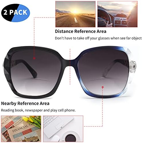 JM 2 Pack Bifocal Sunglasses for Women, Oversized Fashion Square Sun Reader, Black & Blue +2.5