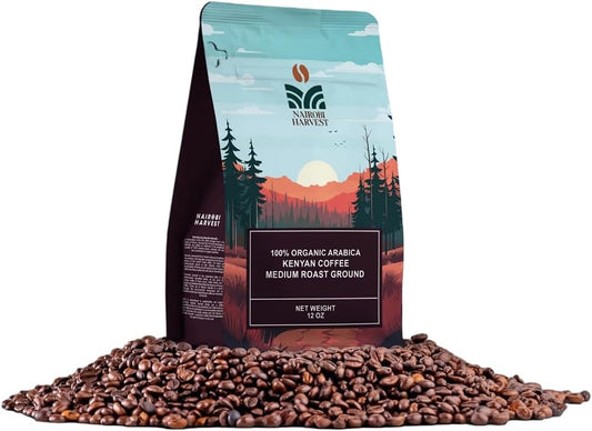 Nairobi Harvest Medium Roast Organic Ground Coffee - Medium Roast, Strong and Bold Taste, Strong Intensity - Premium Quality Roasted Coffee (12Oz Pack)