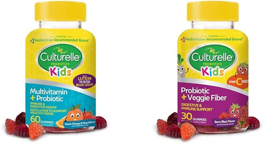 Culturelle Kids Probiotic Gummies for Ages 2+ with Lutein for Eye Health, 60 Count + Daily Probiotic for Kids with Veggie Fiber Gummies, 30 Count