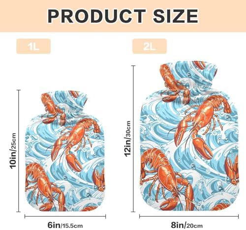 1L Large Hot Water Bottle with Cover, Orange Lobster Blue Sea Waves Cute Hot Water Bags for Hot and Cold Therapies, Menstrual Cramps, Neck and Shoulder Pain Relief