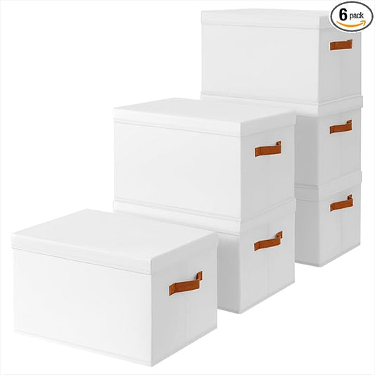 Storage Bins with Lids - Large Fabric Closet Bins with Lid, 6 Pack Clothes Organizers and Storage, Collapsible Stackable Cube Basket for Home, Office, Dorm, White