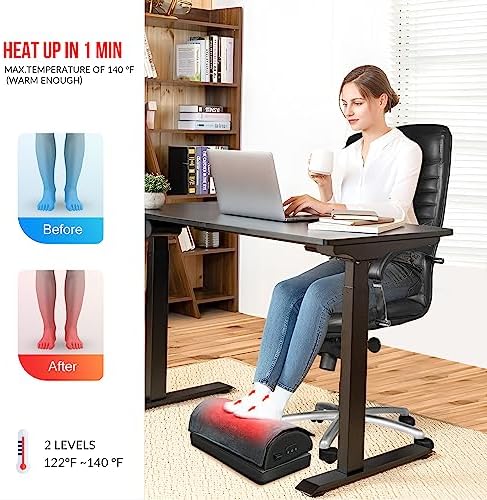 Heated Foot Rest Under Desk at Work, Ergonomic Desk Footrest with Vibrating Massage and Adjustable Height, Foot Warmer with Pocket, 3 Vibration Modes & 2 Heating Levels,Memory Foam,Office Home Gaming