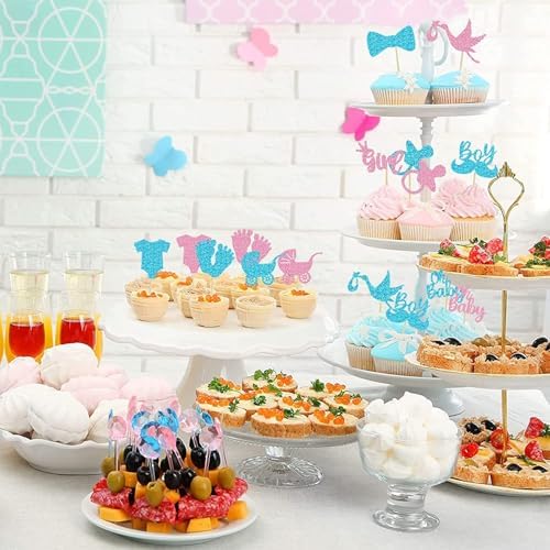 32 PCS Baby Gender Reveal Cupcake Topper Decorations Bule and Pink Glitter Gender Reveal Cupcake Decor for Boy or Girl Theme Baby Shower Kids Birthday Party Cake Decorations Supplies