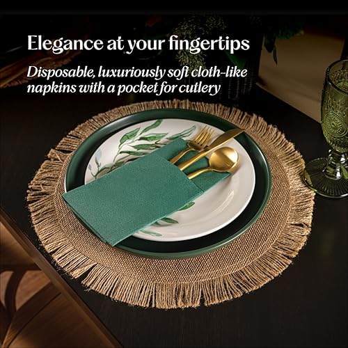 50-Pack Disposable Linen-Feel Dinner Napkins With Built-in Flatware Pocket, RED Prefolded Cloth Like Paper Napkins For Christmas, Wedding, Dinner Or Party