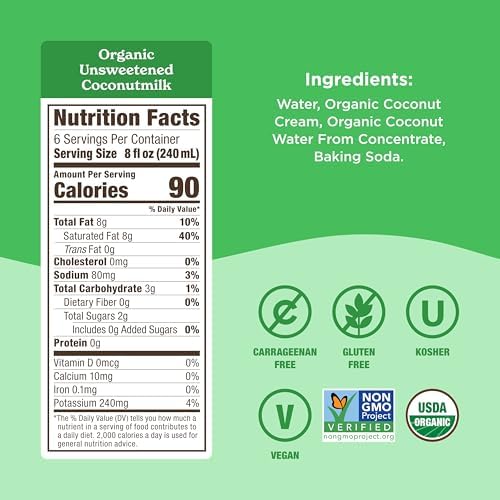 Califia Farms - Organic Unsweetened Coconut Milk, 48 Oz, Dairy Free, Vegan, Plant Based, Non GMO, Low Calorie, USDA Organic