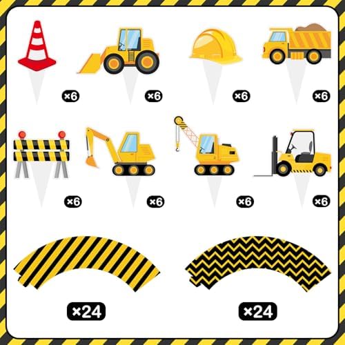 48 Pack Construction Cupcake Toppers and Wrappers, Construction Vehicles Party Cake Decoration for Engineering Theme Birthday Party Baby Shower Supplies