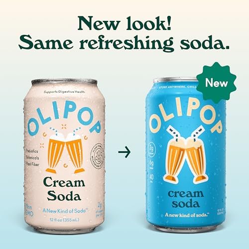 OLIPOP Prebiotic Soda Pop, Cream Soda, Pantry Pack Packed with Prebiotics, Fiber, and Botanicals, Gluten Free, GMO Free, 12oz (12-Cans)