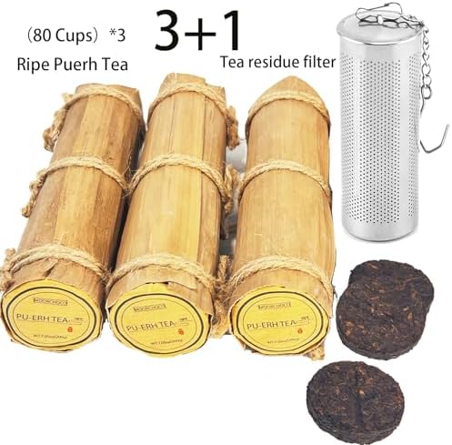 (60Cakes-240Cups) Pu-erh Tea in Bamboo Leaf Tube - Ripe Puerh Tea Cake 21.16 oz/600g And a tea filter，Aged Shou Black Tea