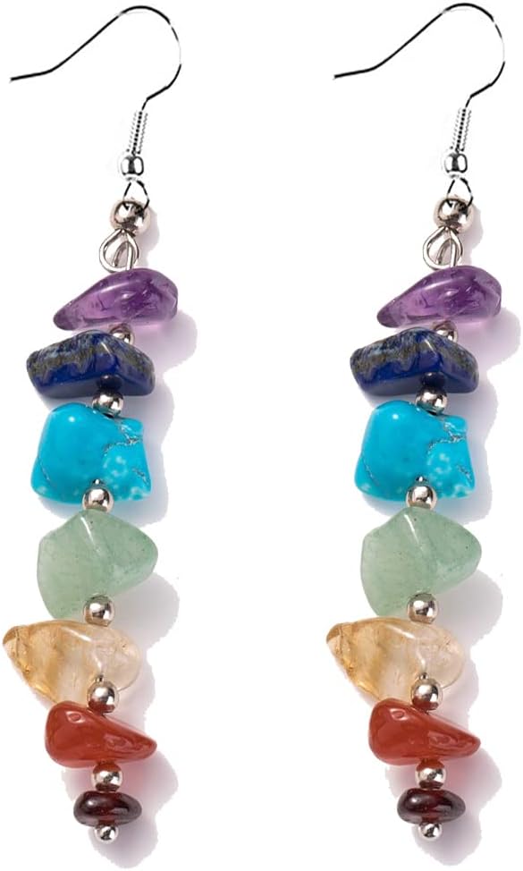 7 Chakra Stone Long Drop Dangle Earrings Colorful Necklace Set Crystal Hook Reiki Healing Beads for Women Yoga Energy Balancing Jewelry-A