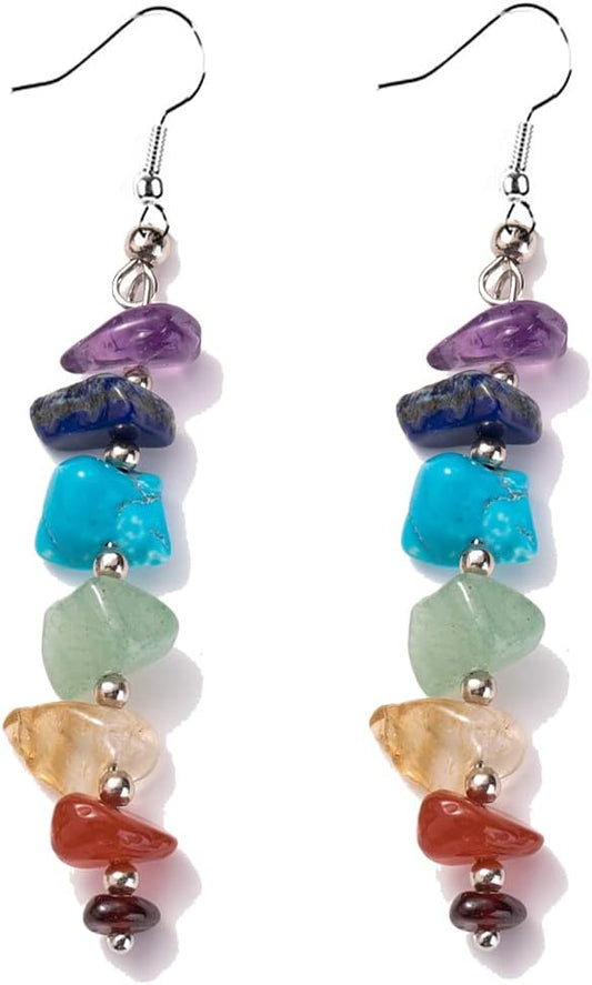 7 Chakra Stone Long Drop Dangle Earrings Colorful Necklace Set Crystal Hook Reiki Healing Beads for Women Yoga Energy Balancing Jewelry-A