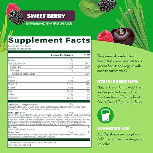 Amazing Grass Super Greens Powder Antioxidant Stick Packs, Greens Blend with Spirulina, Beet Root Powder, Elderberry, Prebiotics & Probiotics, Sweet Berry, 15 Servings, 3.7 Ounce (Packaging May Vary)