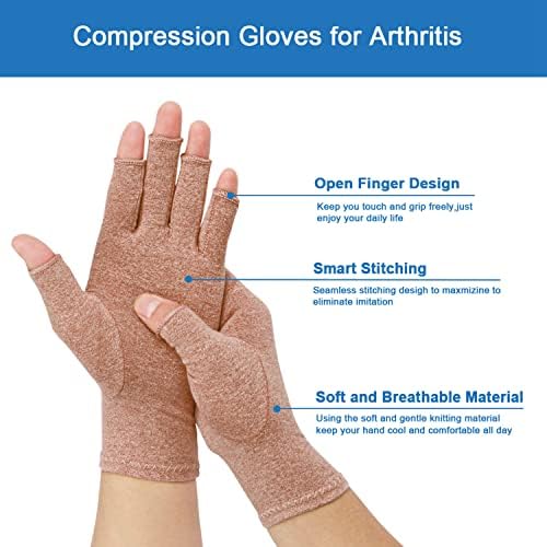 2-Pair Arthritis Compression Gloves for Alleviate Rheumatoid Osteoarthritis, Carpal Tunnel Raynauds Disease, Fingerless Design Breathable & Moisture, Women and Men (Coffee, Large)