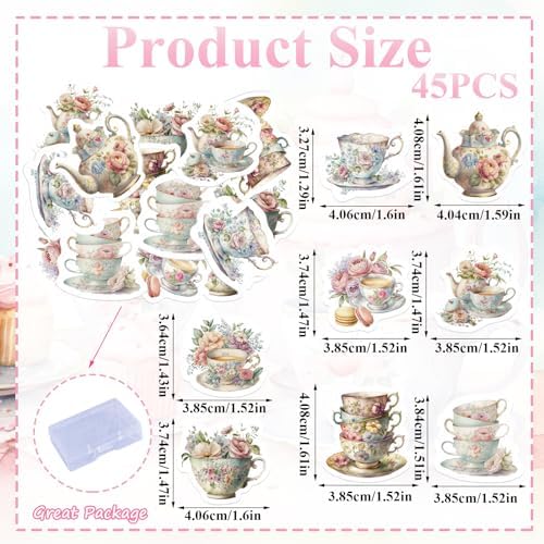 45PCS Edible Tea Party Cupcake Toppers Wafer Paper Teapot Teacup Cupcake Toppers Floral Tea Time Cake Picks Afternoon Tea Decorations for Tea Party Theme Baby Shower Decor Supplies