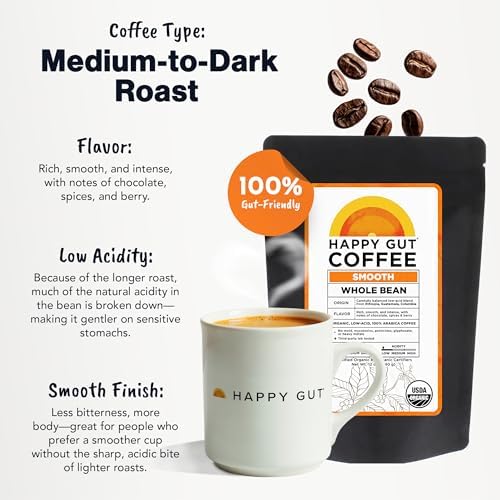 Happy Gut Coffee - Doctor-Formulated, Organic Medium-to-Dark Roast Coffee with Gut-Friendly Benefits - Gentle on Stomach - Rich Flavor, Gluten-Free, No Bitterness - 12oz - SMOOTH - Ground
