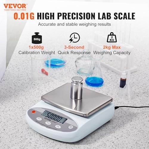 VEVOR Lab Scale, 2000g x 0.01g Accuracy High Precision Analytical Balance, 13 Units Conversion Electronic Scientific Laboratory Scale, LCD Display Digital Jewelry Weighing Scale for Lab, Jewelry