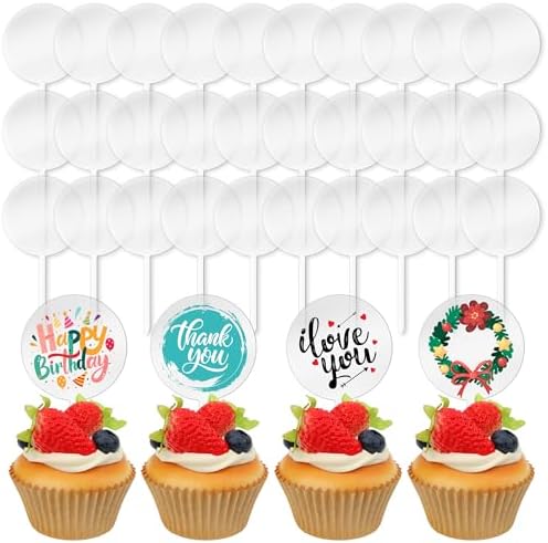 Blank Acrylic Cupcake Toppers, 10 Packs Round Cupcake Topper with Sticks, DIY Dessert Table Cupcake Signs, Suitable for Birthdays, Weddings, Christmas, Baby Showers Cake Decoration