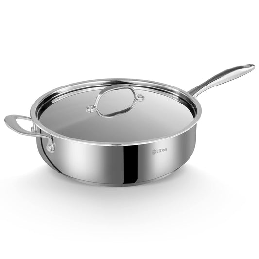 DELUXE 12 Inch Stainless Steel Skillet Frying Pan, Large Pan with Lid and Stay-Cool Handle, 5qt Deep SautÃ© Pans for Deep-Fry Braise Stew, Multipurpose Cooking Pot for Induction Gas Stove