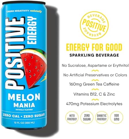 Positive Energy Beverage | Melon Mania | 12-oz Can, Pack of 12 | Zero Sugar Energy Drink, Supports Immunity and Hydration