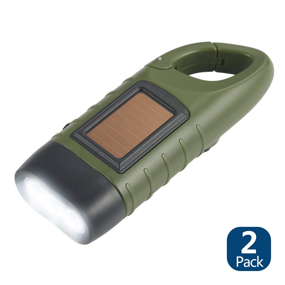 Simpeak 2-Pack Hand Crank Solar Powered Flashlight, Emergency Rechargeable LED Survival Flashlight, Quick Snap Carbiner Dynamo Flash Light Torch for Outdoor Sports, Green
