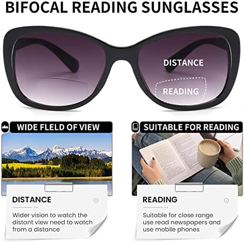 JM Women's Bifocal Reading Sunglasses, Vintage Reader Glasses UV Protection Outdoor Black +1.5