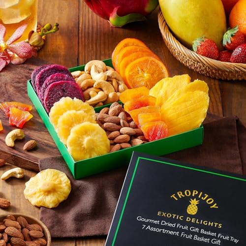 Dried Fruit Gift Basket - 7 Tropical Flavor Dried Fruit Basket Gift |12.5oz Soft Dried Fruit and Nuts Gift Basket - Dry Fruits Gift Box | Healthy Food Gifts for Men Food Gift Baskets for Women Dad Mom