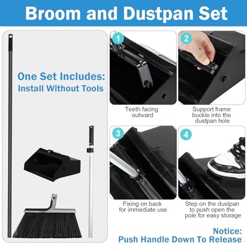 4 Set Broom and Dustpan Set 58 Inch Commercial Broom and Dustpan Combo Set Heavy Duty Lobby Dust Pan Bulk for Lobby Office Home Indoor Outdoor Cleaning Supplies