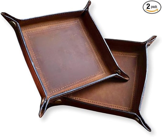 Tolredo Handmade Top Grain Leather Valet Tray â Elegant Organizer for Wallet, Keys, and Phone â Rich Brown (Pack of 2)