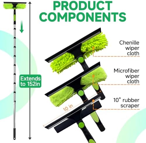 Professional 152" Window Squeegee Cleaner Tool with Extension Pole, 2-in-1 Squeegee for Window Cleaning Kit with Scrubber and Rotating Head, Window Cleaner for Car, Sliding Door, Shower Glass Door
