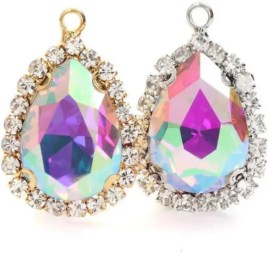 10pcs Drop Shape Crystal Stone Sew On Rhinestone Golden/White K Metal Claw Settings Pendants,P
