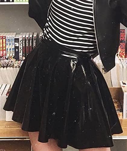 SEMATOMALA Women's PVC PU Leather Short Skater Skirt Black Latex Wet Look Shiny Pleated Flared A Line Mini Skirt Clubwear