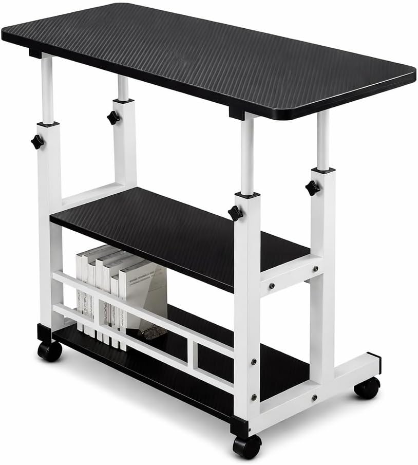 Height Adjustable Mobile Laptop Desk Cart with Wheels, Overbed Table with Storage Shelves, Black and White