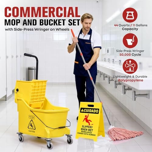 Matthew Cleaning 44Quart Commercial Mop Bucket INCL.Wet String Mop& 19'' Industrial Wet Floor Sign with Side Press Wringer On Wheels,Tandem Portable Floor Cleaning Wavebrake,Ideal for Household