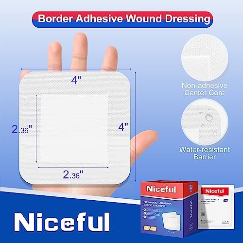 Niceful 50 Count Adhesive Gauze Island Dressing 4" x 4", Water-Resistant Wound Dressing Bandages, Sterile & Absorbent Medical Grade Adhesive Pads, First Aid Pads FSA Eligible