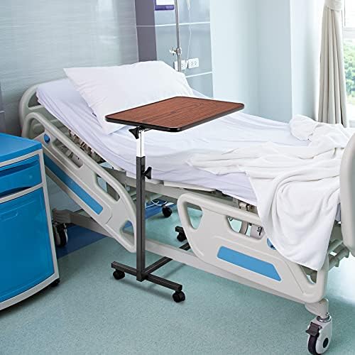Tilting Overbed Table, Multifunctional Adjustable Bedside Table,Medical Adjustable Overbed Bedside Table with Wheels & Brake for Hospital and Home Medical Use (Dark Wood Grain Color)