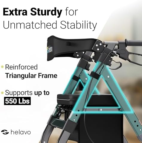 Helavo Bariatric Walker with Large, Height-Adjustable Seat, 550 lbs Weight Capacity, 8-inch Wheels, 28-inch Wide - Extra Wide Heavy Duty Rollator for Seniors