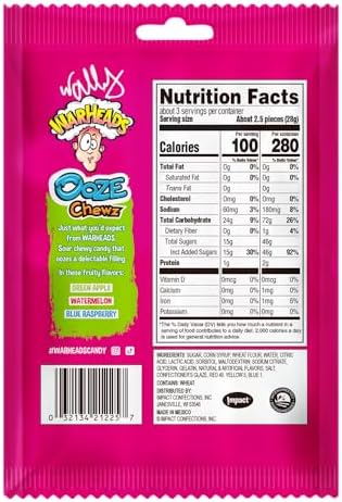 WARHEADS Ooze Chewz Ropes - Chewy Candy Ropes with Sour Filling - Watermelon, Blue Raspberry & Green Apple Flavors - 3 oz. Bag