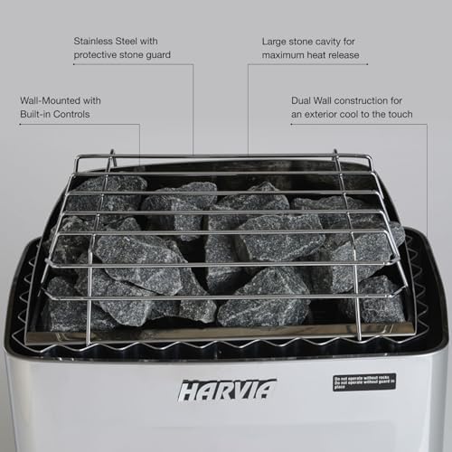 Harvia KIP Sauna Heater, Wall Mounted Electric Sauna Stove, Stainless Steel 220v Heater with Sauna Stones Included, Large Stone Cavity for Maximum Heat Release (8kW - Dials)