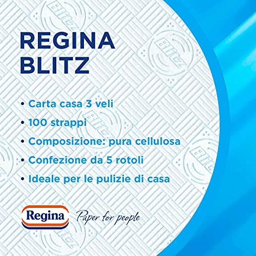Regina Blitz Carta Casa,Confezione da 5 Rotoli,500 Maxi Fogli a 3 Veli,Confezione in Carta Riciclabile, Pulisci e Asciughi in un Lampo,Carta 100% certificata FSC