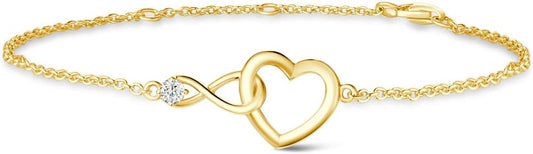 FANCIME Infinity Love Heart Necklace Bracelet 925 Sterling Sliver Gold Plated Dainty Simulated Diamond Jewelry Birthday Anniversary Mothers Day Gifts for Women Mom Her Wife Lady, Adjustable Chain