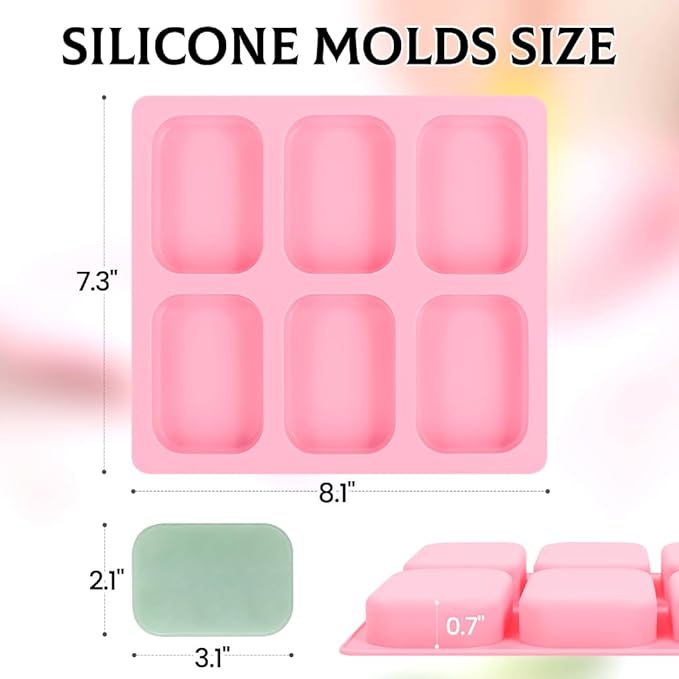 SJ Soap Molds 2 Packs, Rounded Rectangle Silicone Soap Molds for Soap Making, 6 Cavity Mold for Bath Bombs, Homemade Craft Soap, Cake, Chocolate ＆ Ice Cube-Pink